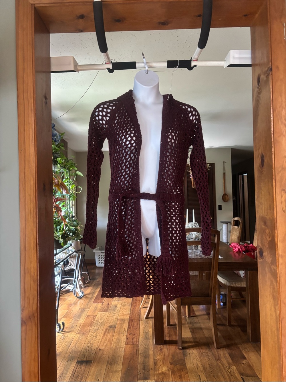 Abercrombie & Fitch Lambswool Open-Knit Burgundy Sweater Cardigan with Tie Belt